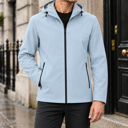 Weston Hooded Rain Jacket - Sky Blue, worn, full jacket