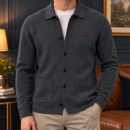 Philip Collared Knit Polo Cardigan - Slate Gray, worn, full cardigan