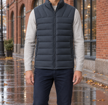 Tyler Stand-Collar Puffer Vest - Slate Gray, worn, full vest