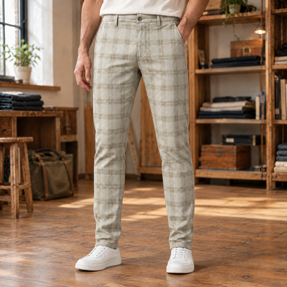 Harrison Plaid Stretch Slim Trousers - Stone, worn, full trousers