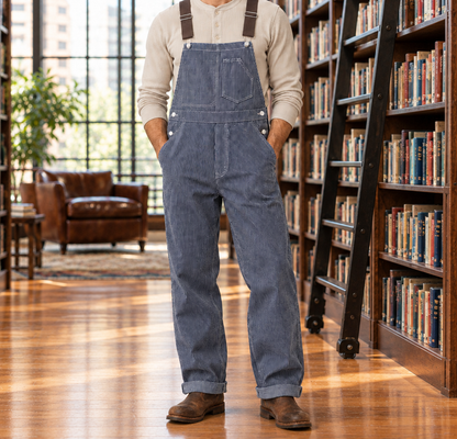 Jesse Cotton Canvas Bib Overalls - Hickory Stripe, worn, full overalls