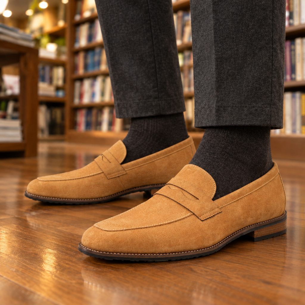 Preston Stacked-Heel Suede Penny Loafers - Tan, worn pair