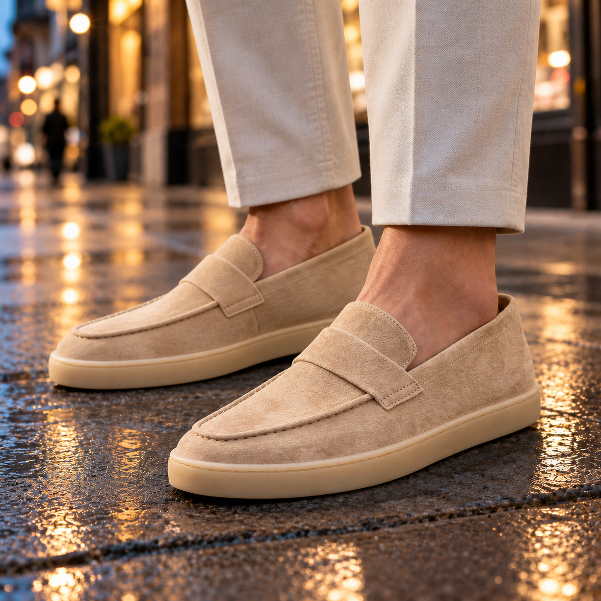 Brooks Saddle-Strap Suede Penny Loafers - Tan, worn pair
