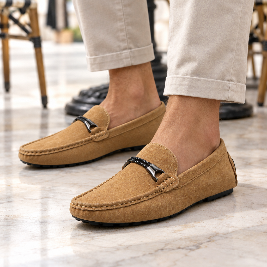 Ryan Braided-Bit Suede Driving Loafers - Tan, worn pair