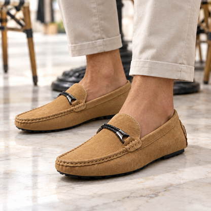 Ryan Braided-Bit Suede Driving Loafers - Tan, worn pair