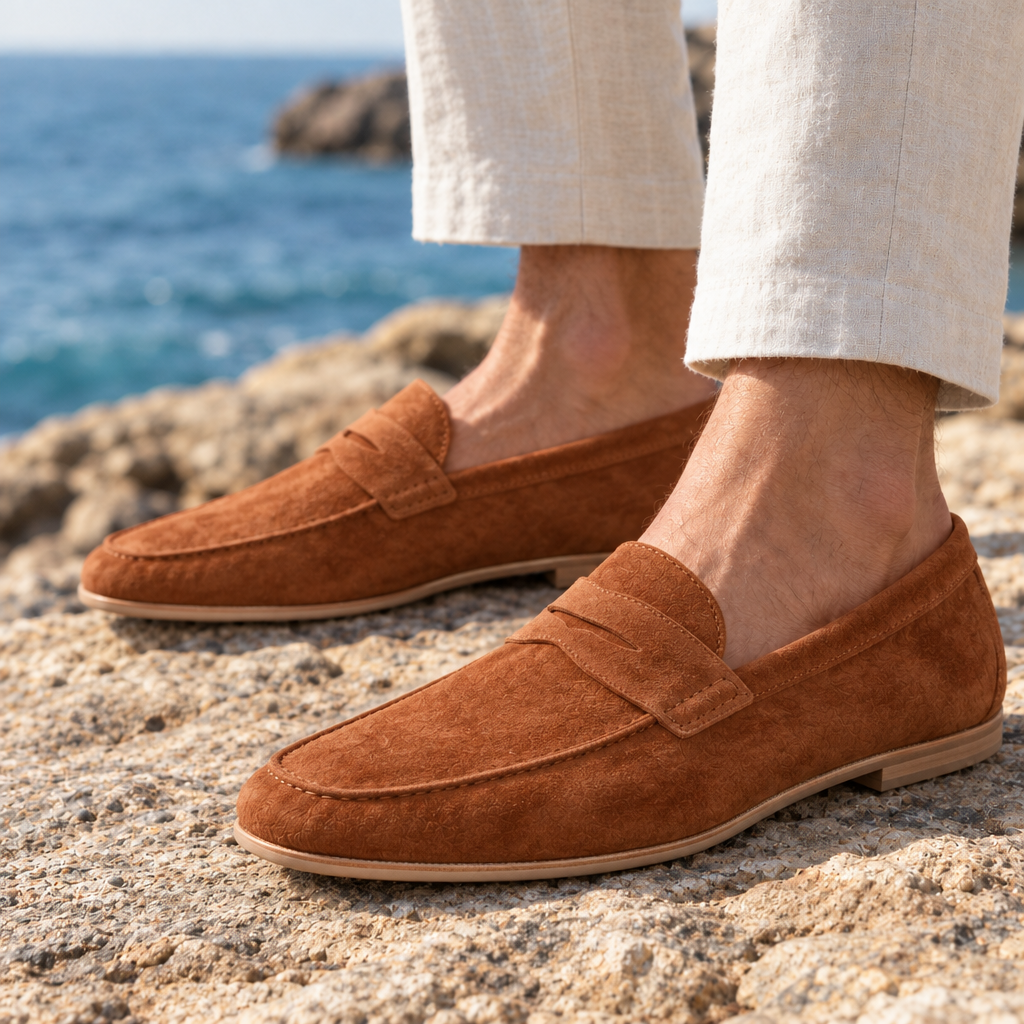 Henry Unstructured Suede Penny Loafers - Tan, worn pair