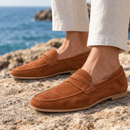 Henry Unstructured Suede Penny Loafers - Tan, worn pair