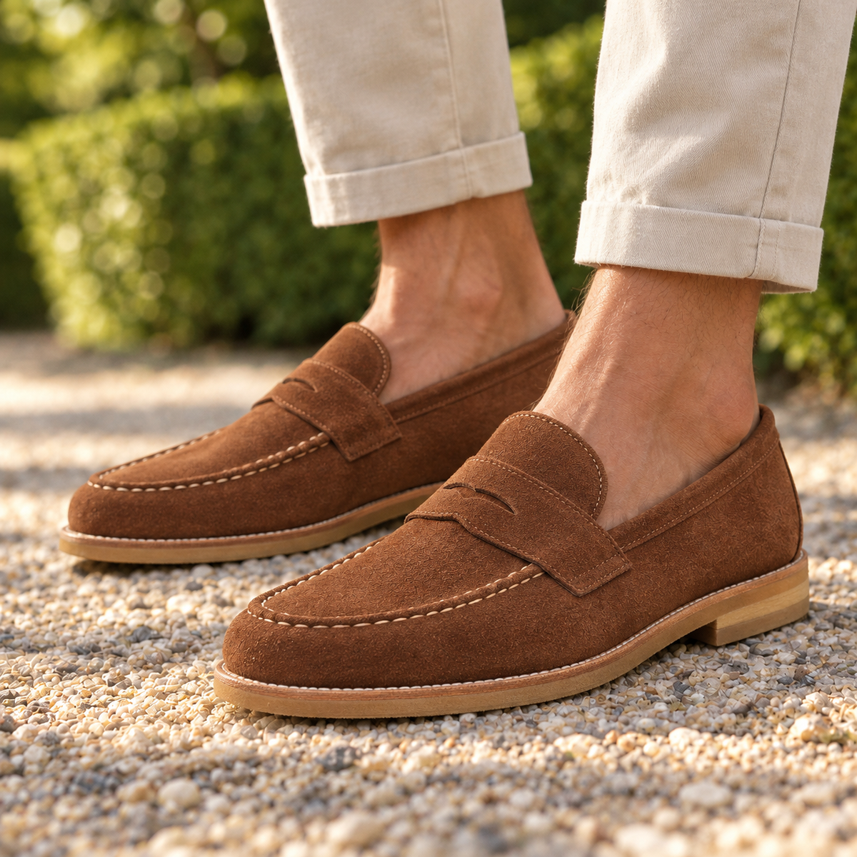 Arthur Stitched-Welt Suede Penny Loafers - Tan, worn pair