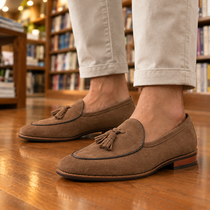 Everett Piped Suede Tassel Loafers - Tan, worn pair