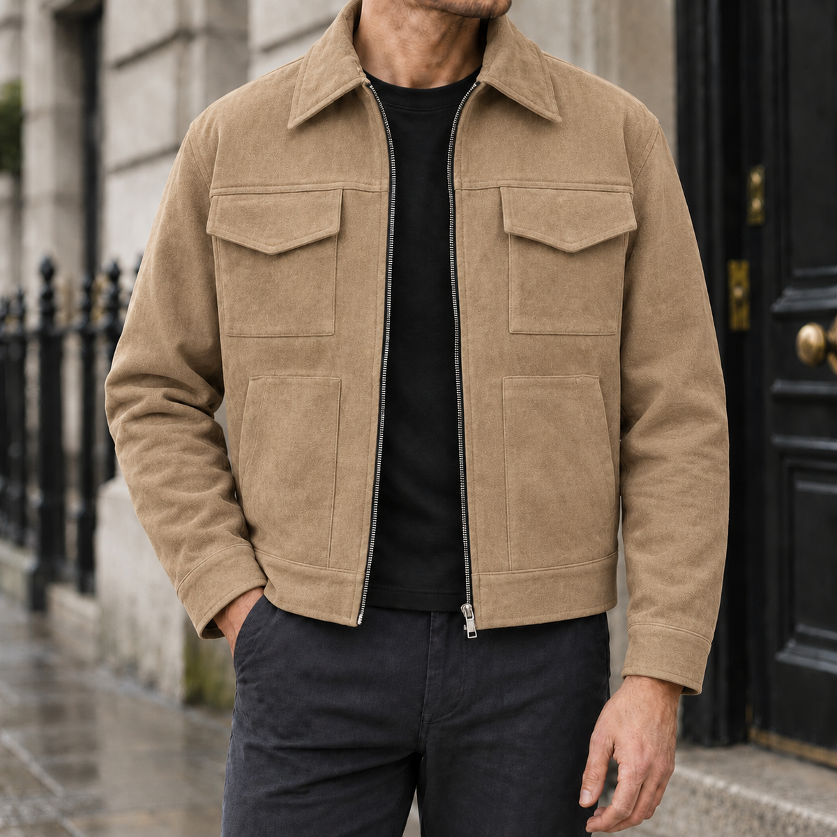Dalton Faux-Suede Zip Jacket - Tan, worn, full jacket