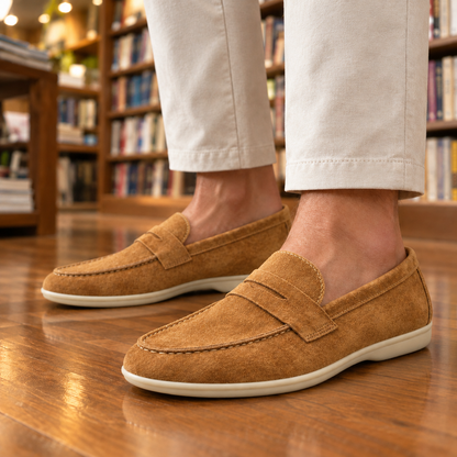 Graham Cream-Sole Suede Penny Loafers - Tan, worn pair