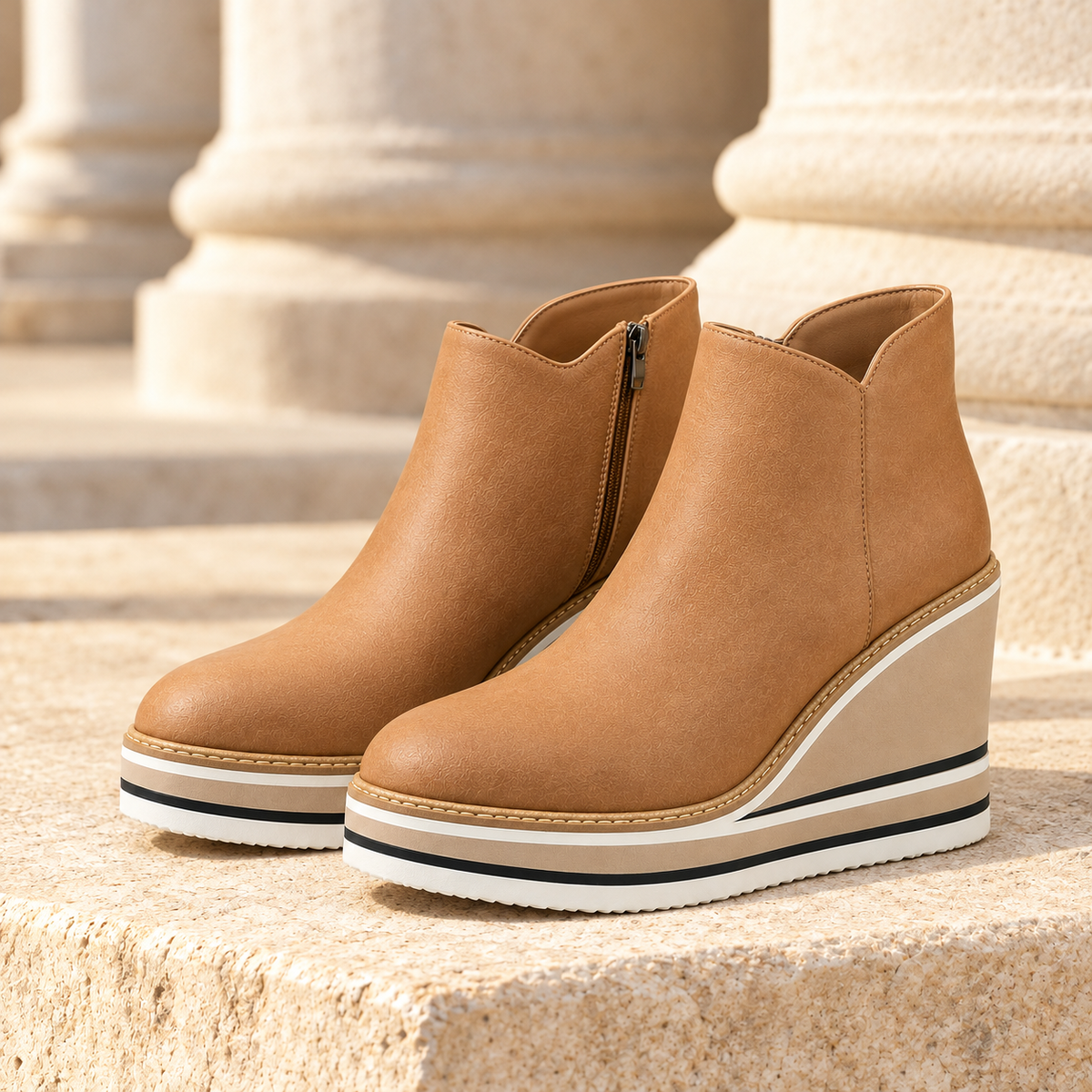 Lindsay Platform Wedge Ankle Boots - Tan, full pair