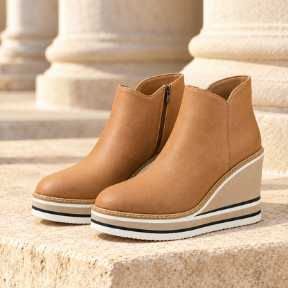 Lindsay Platform Wedge Ankle Boots - Tan, full pair