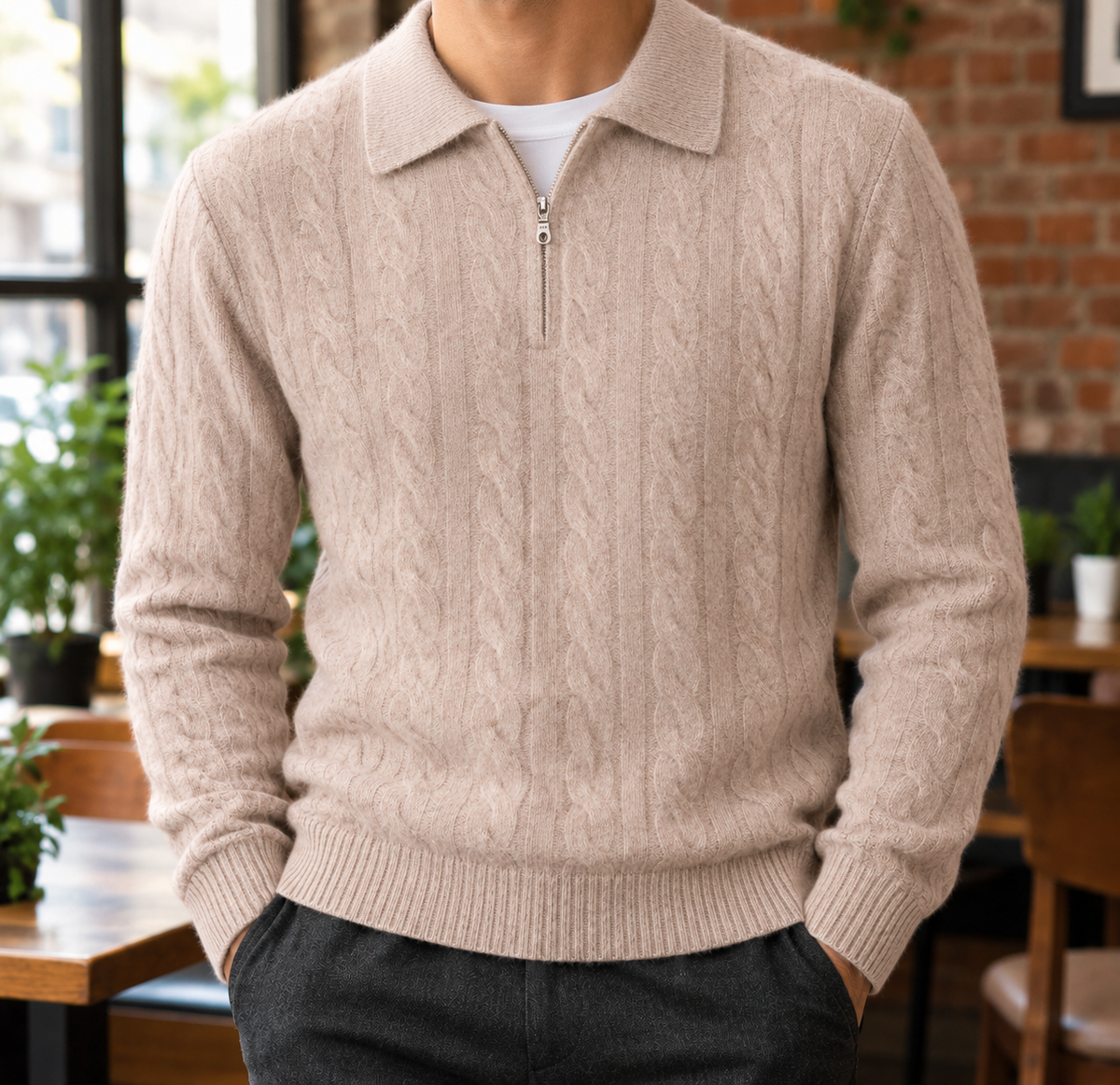Henry Cable-Knit Zip Polo - Taupe, worn, full polo