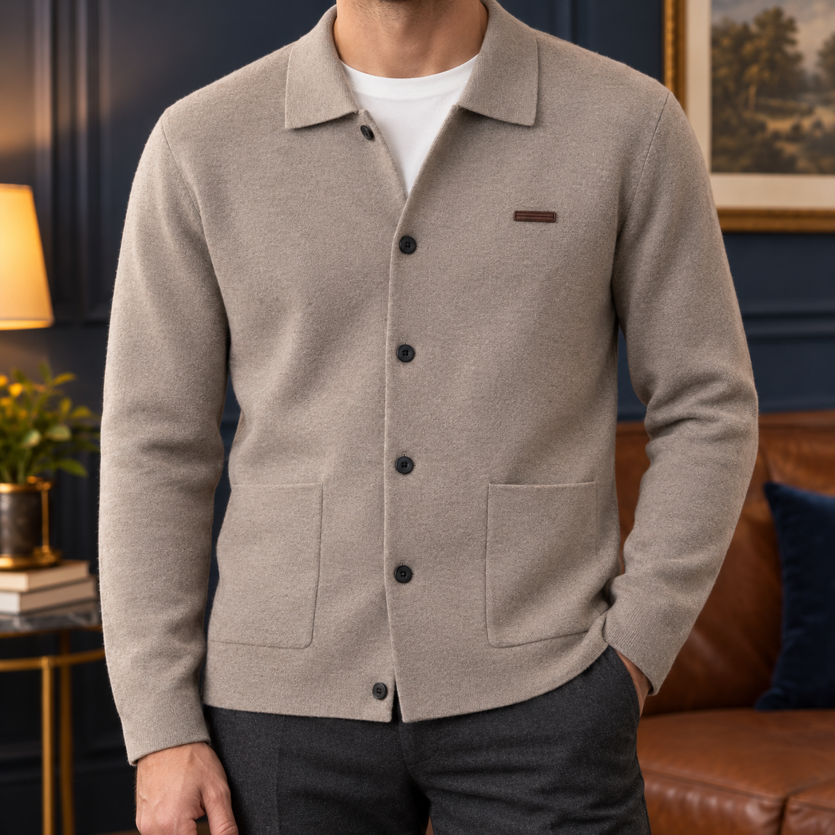 Philip Collared Knit Polo Cardigan - Taupe, worn, full cardigan