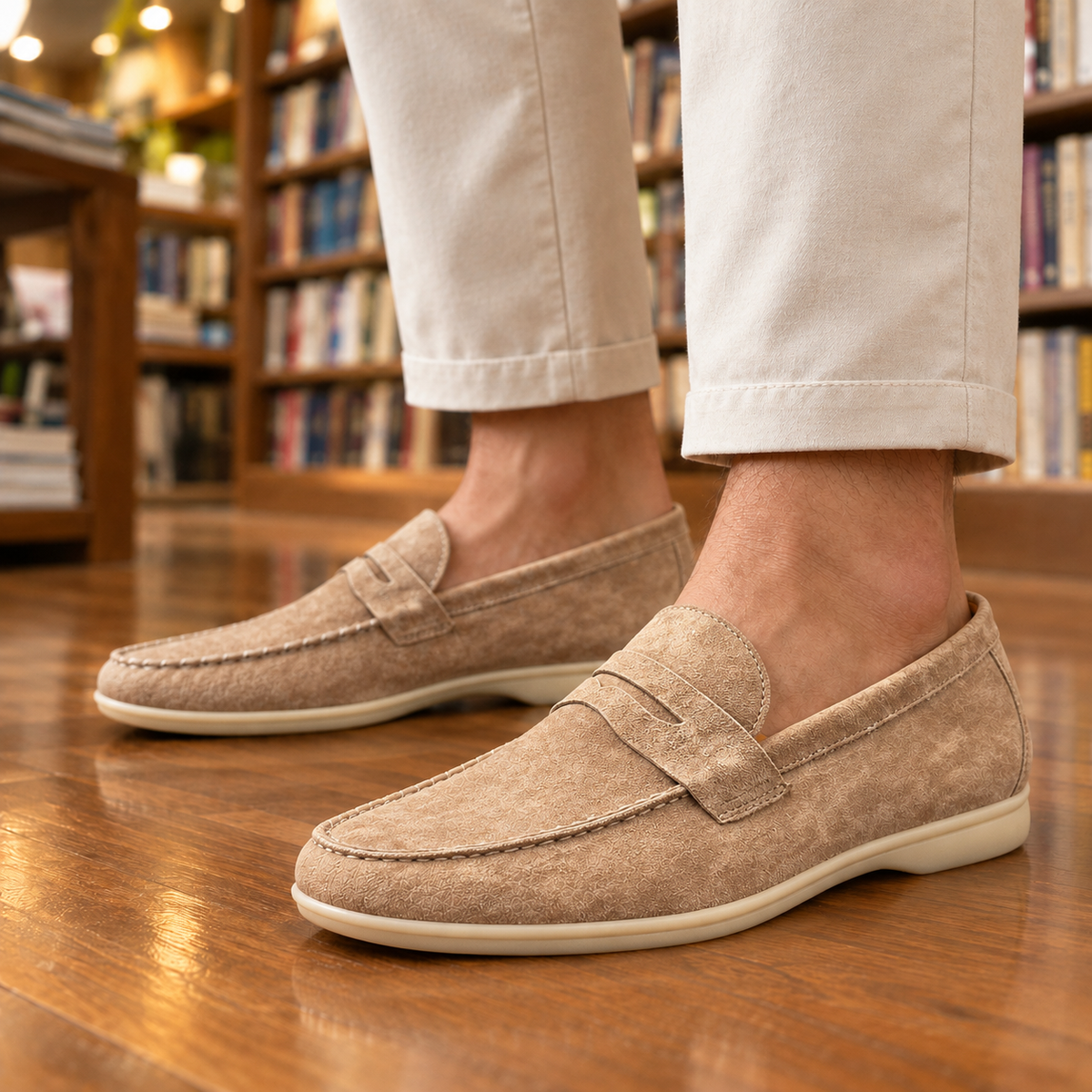 Graham Cream-Sole Suede Penny Loafers - Taupe, worn pair
