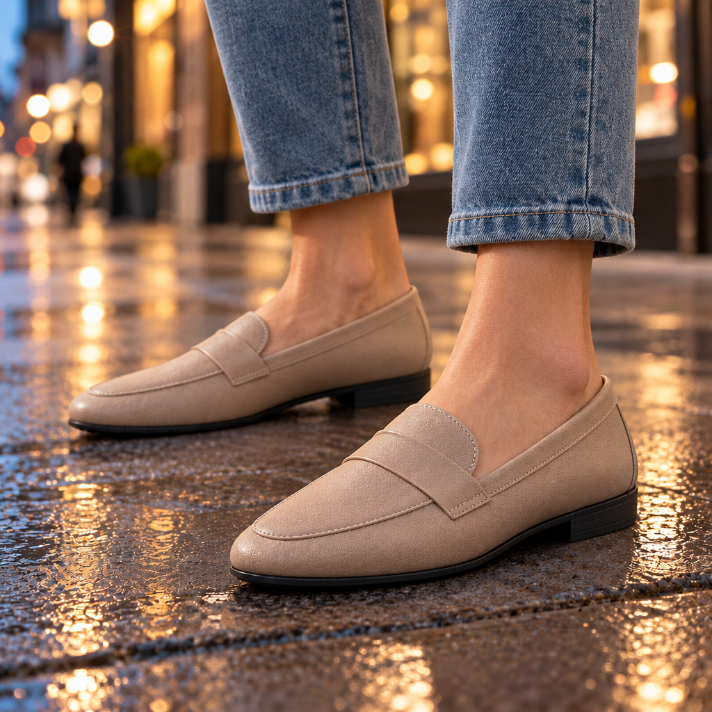 Grace Faux-Leather Penny Loafers - Taupe, worn pair