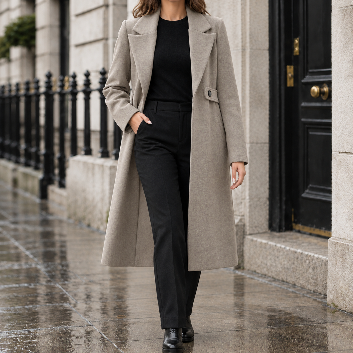 Evelyn Tab-Waist Tailored Coat - Taupe, worn, full coat