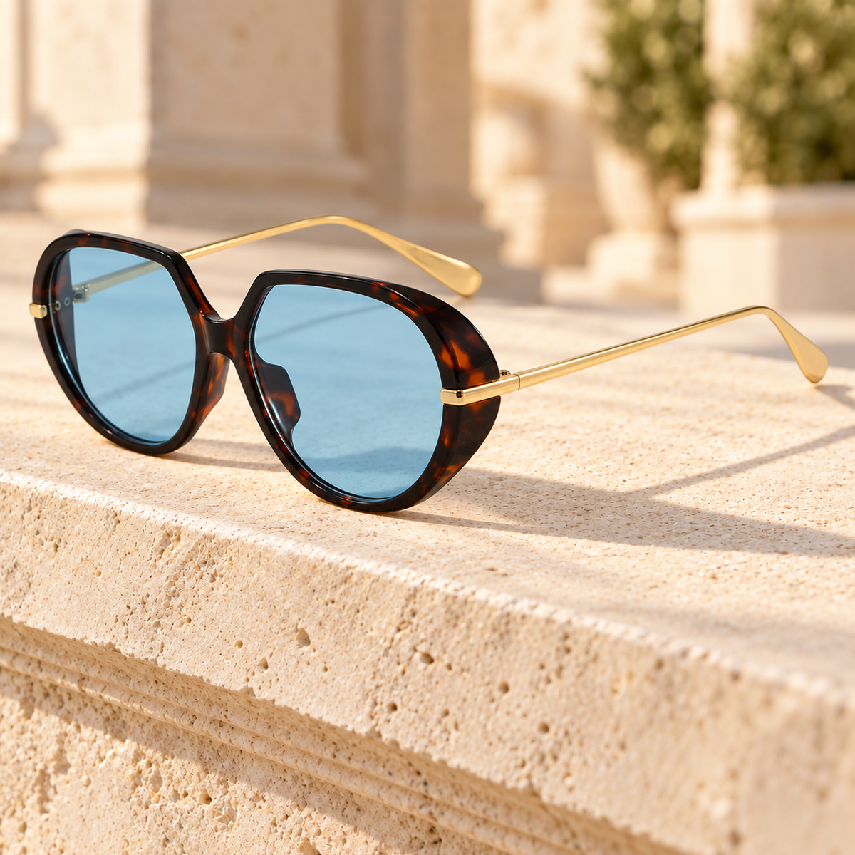 Stella Gold-Arm Oval Sunglasses — Tortoise/Blue, full frame