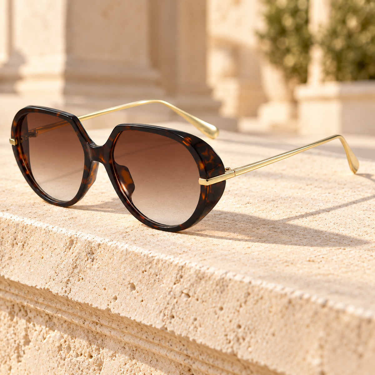 Stella Gold-Arm Oval Sunglasses — Tortoise/Brown, full frame