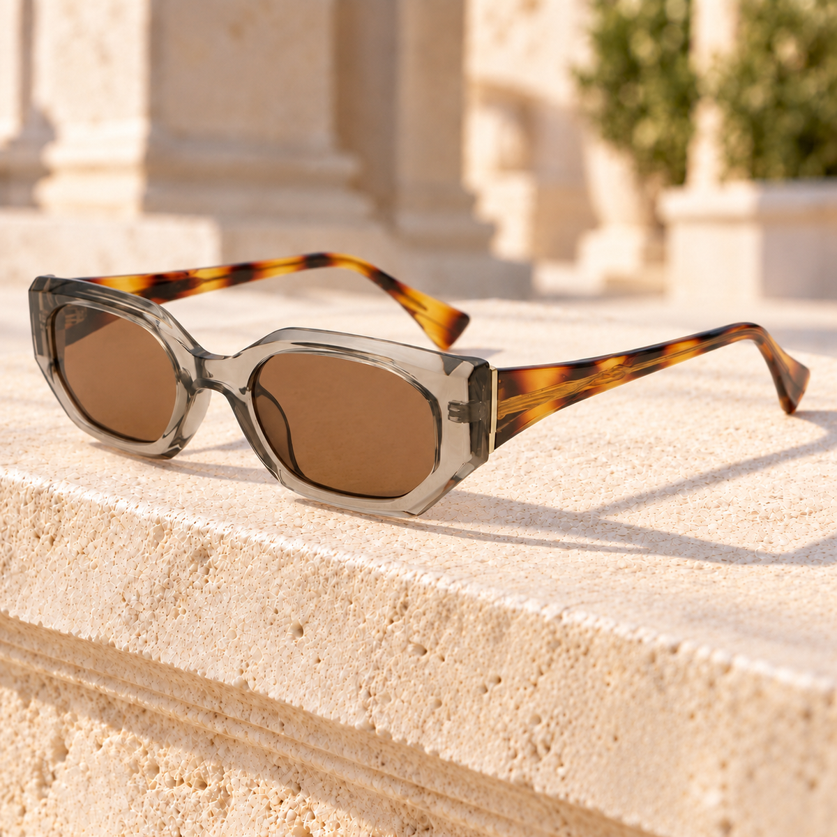 Drew Angular Geometric Sunglasses — Brown/Tortoise, full frame