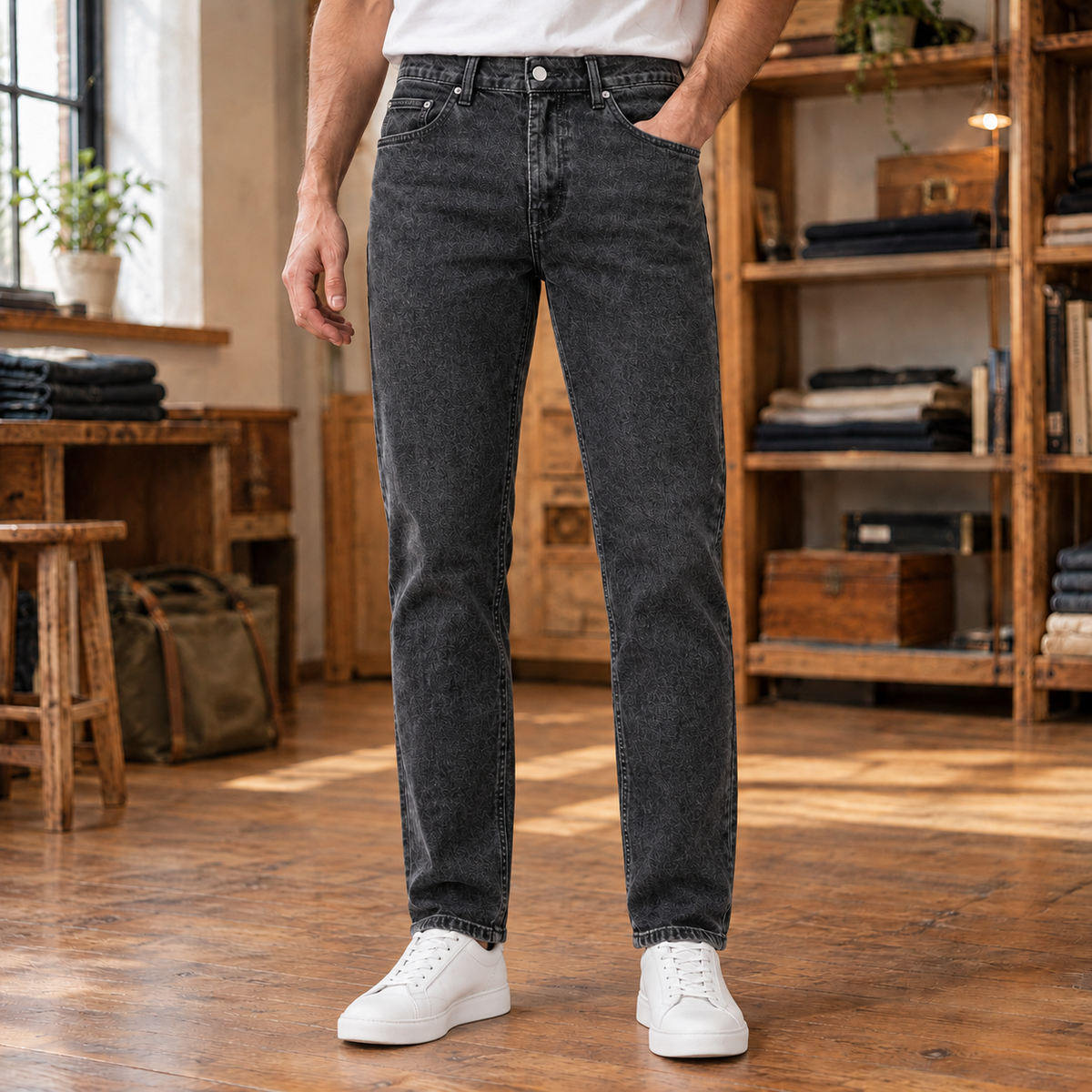 Miles Cotton Straight Jeans - Washed Charcoal, worn, full jeans