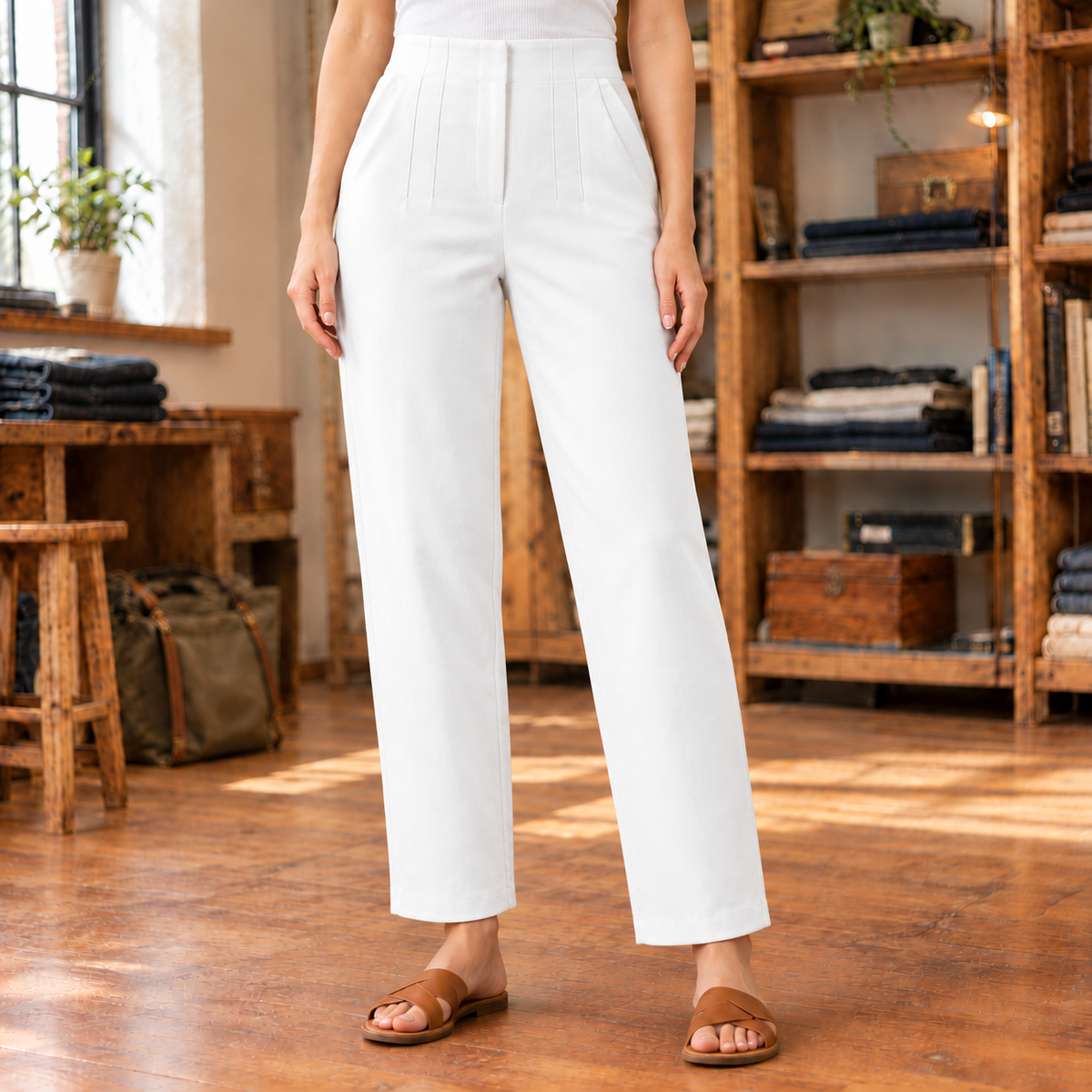 Rachel High-Waist Seamed Trousers - White, worn, full trousers