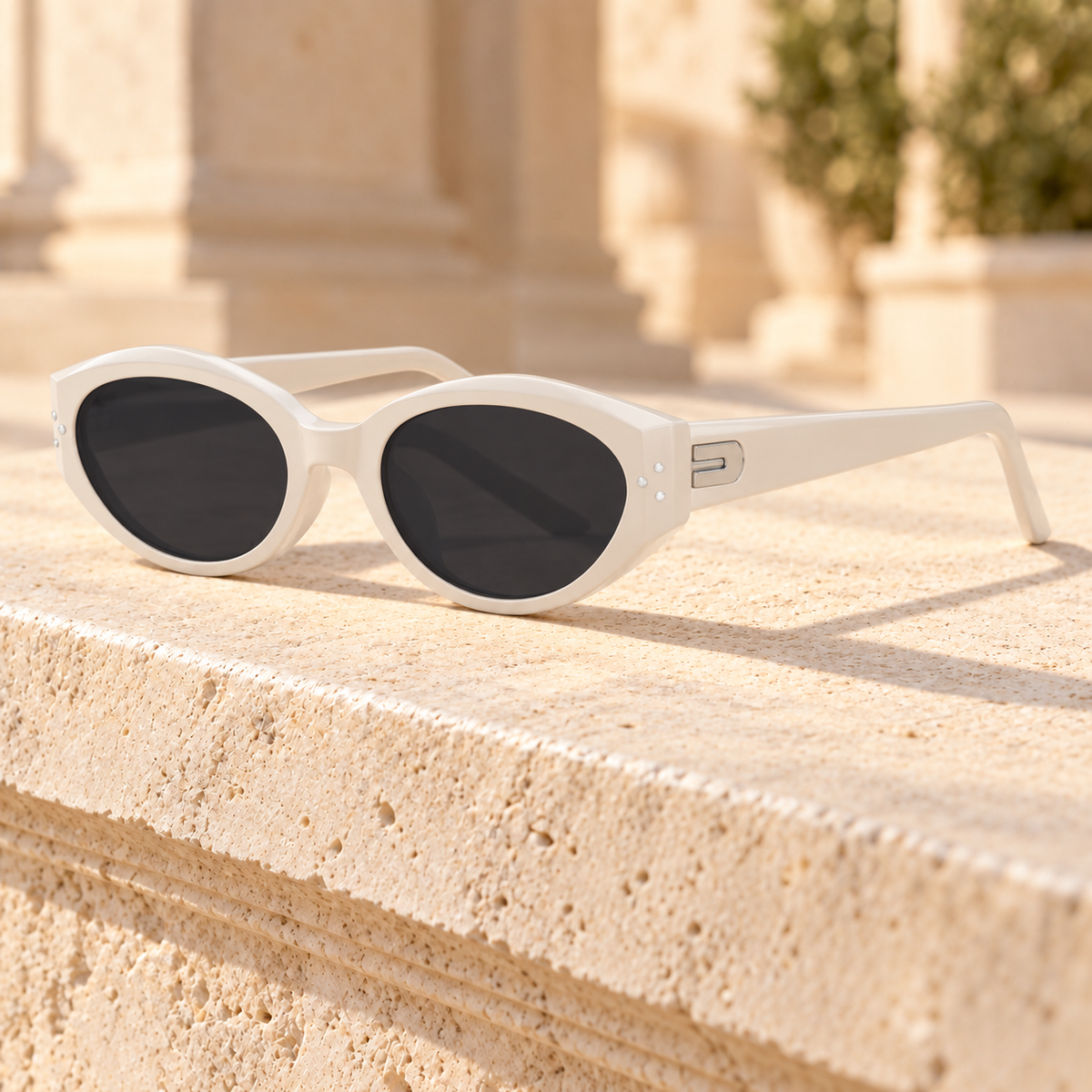 Nina Faceted Cat-Eye Sunglasses — Ivory/Grey, full frame