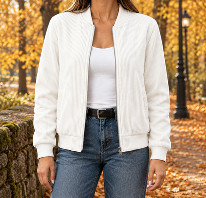 Kayla Corduroy Zip Bomber Jacket - White, worn, full jacket