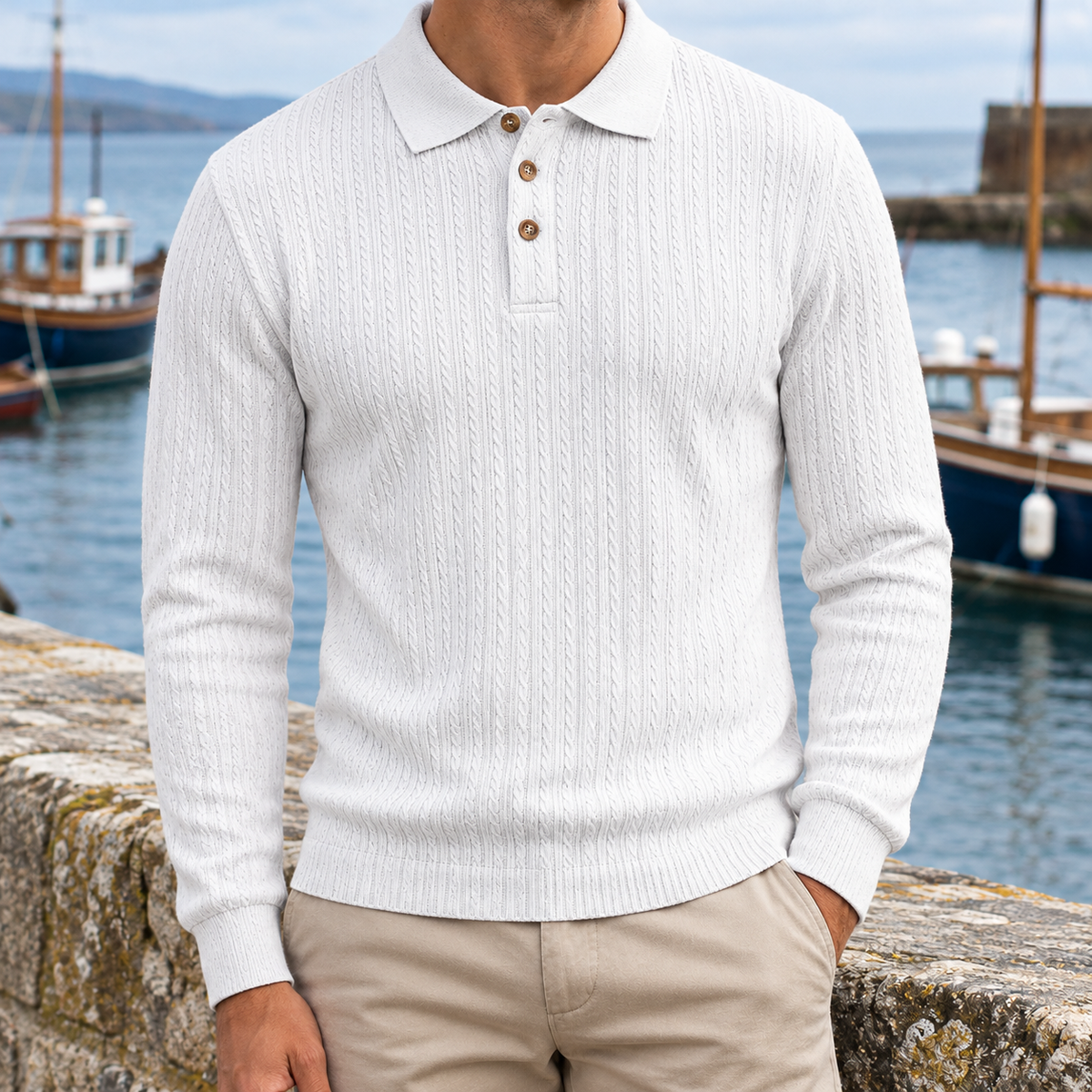 Richard Cable Jacquard Long-Sleeve Polo - White, worn, full polo