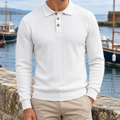 Richard Cable Jacquard Long-Sleeve Polo - White, worn, full polo