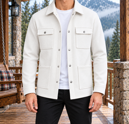 Jason Waffle-Texture Shirt Jacket - White, worn, full jacket