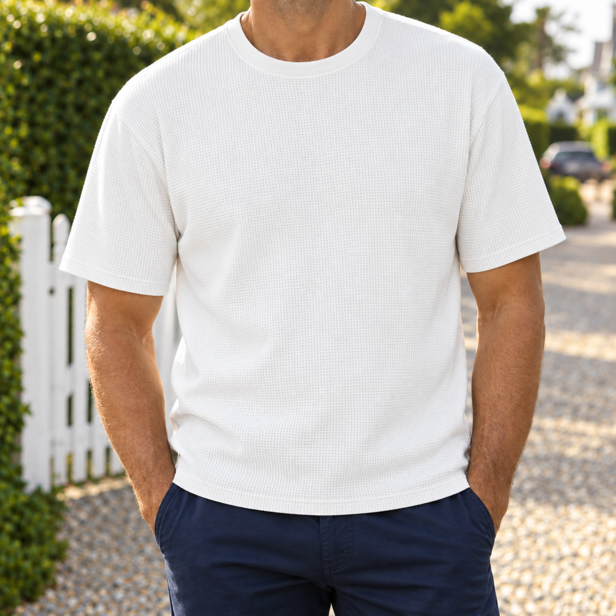 Harvey Heavyweight Waffle Tee - White, worn, full tee