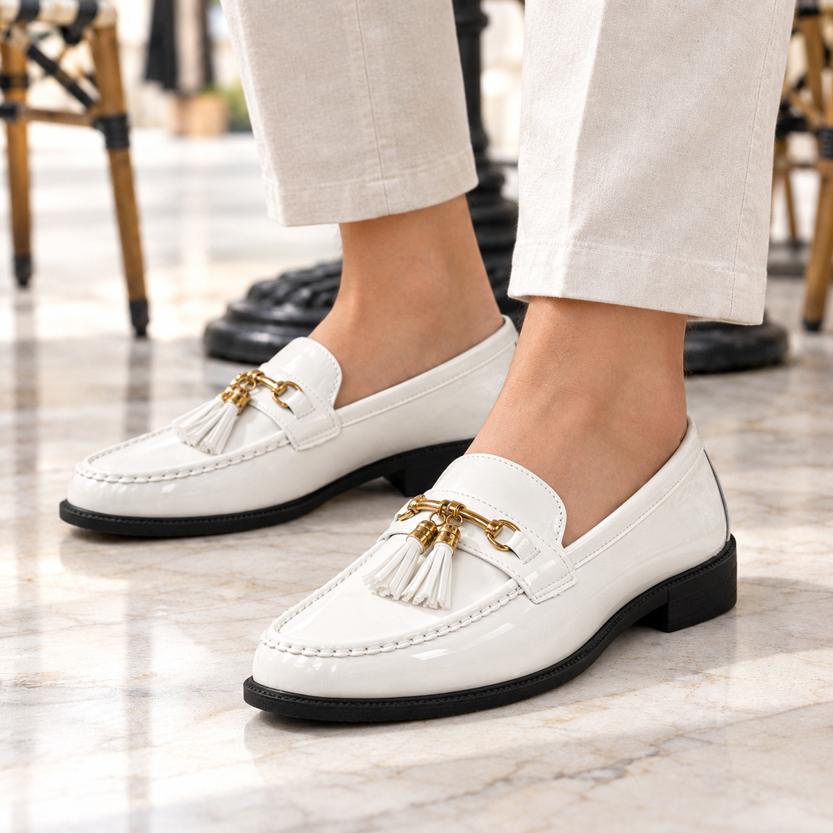 Stella Patent-Look Tassel Loafers - White, worn pair