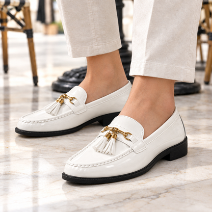Stella Patent-Look Tassel Loafers - White, worn pair