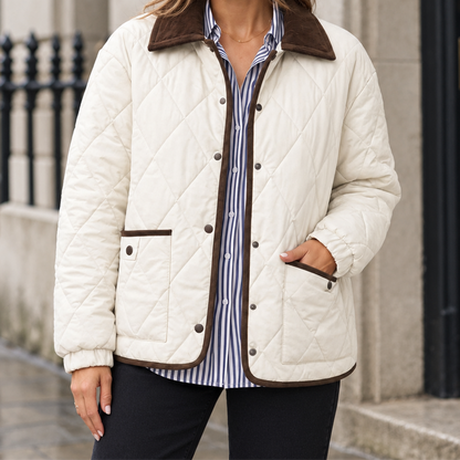 Linnea Corduroy-Collar Quilted Jacket - White, worn, full jacket