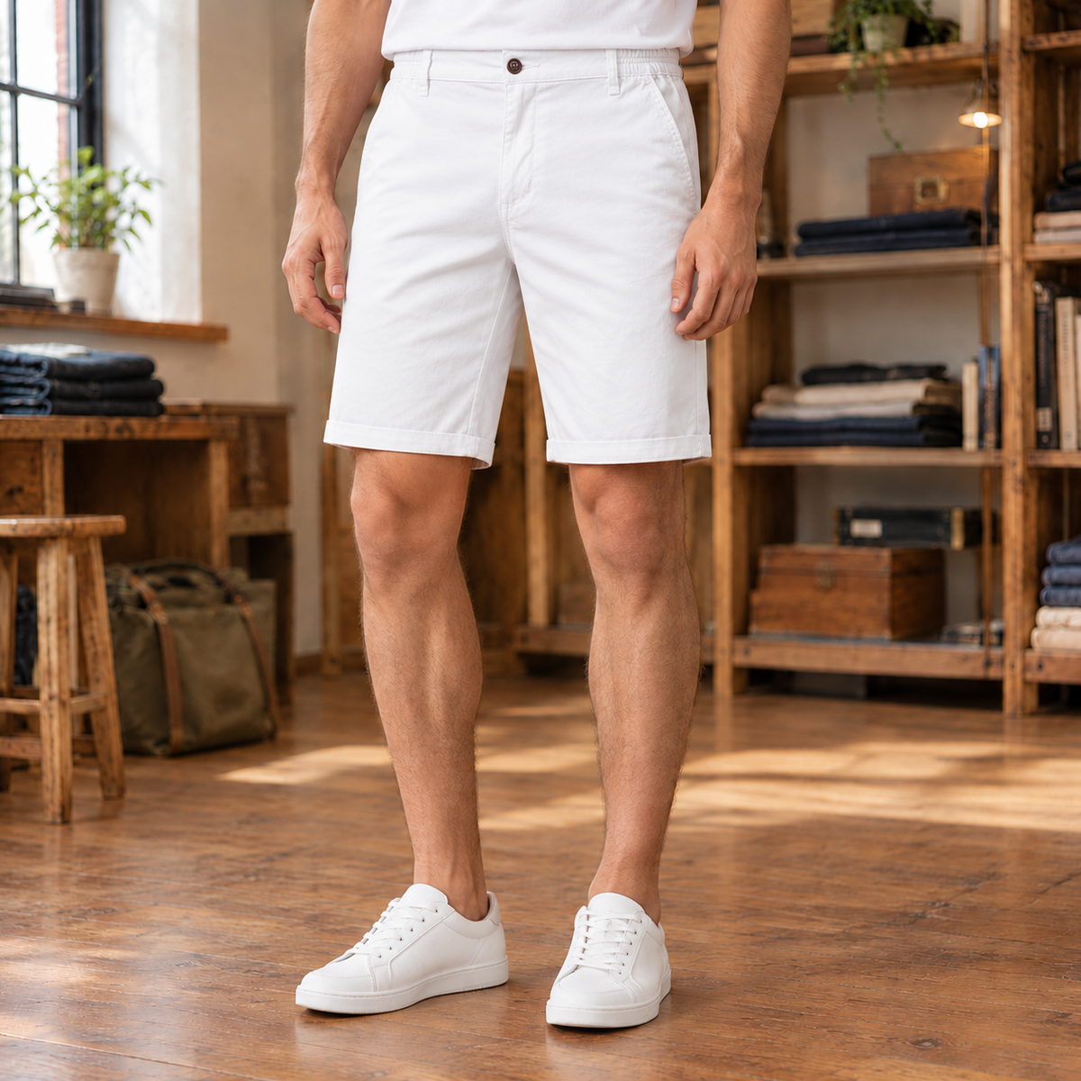 Bram Cotton Chino Shorts — White, worn, full shorts