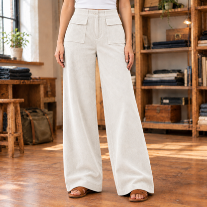 Kate Flap-Pocket Corduroy Wide-Leg Pants - White, worn, full pants