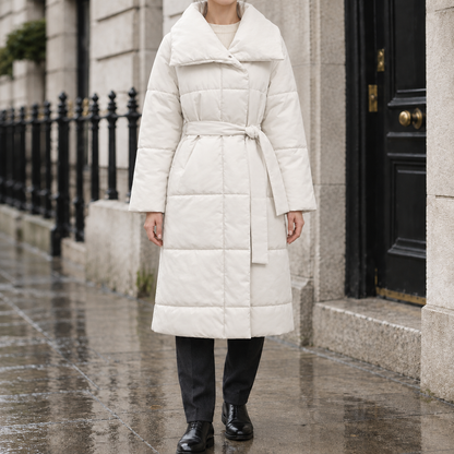 Megan Wrap-Collar Puffer Coat - Off-White, worn, full coat