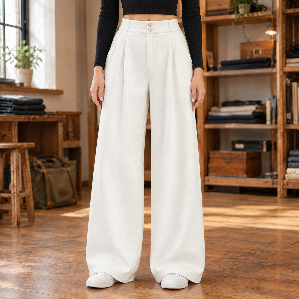 Sarah Two-Button Twill Wide-Leg Trousers - White, worn, full length