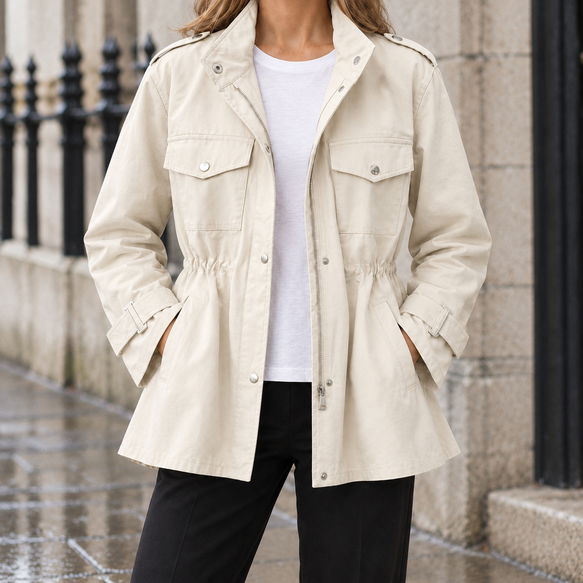 Sabine Drawstring-Waist Utility Jacket — White, worn, full jacket