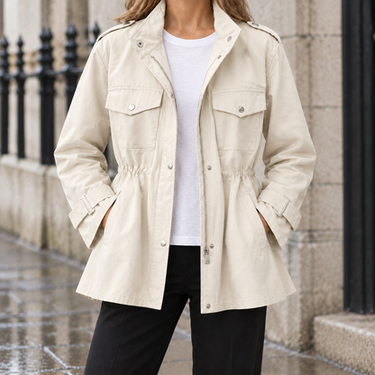 Sabine Drawstring-Waist Utility Jacket — White, worn, full jacket