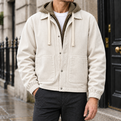 Tyler Layered-Hood Corduroy Jacket - White, worn, full jacket