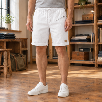 Miles Zip-Pocket Drawstring Shorts - White, worn, full shorts
