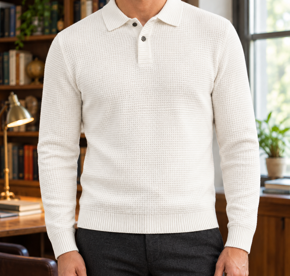 Thomas Basketweave Long-Sleeve Polo - White, worn, full polo
