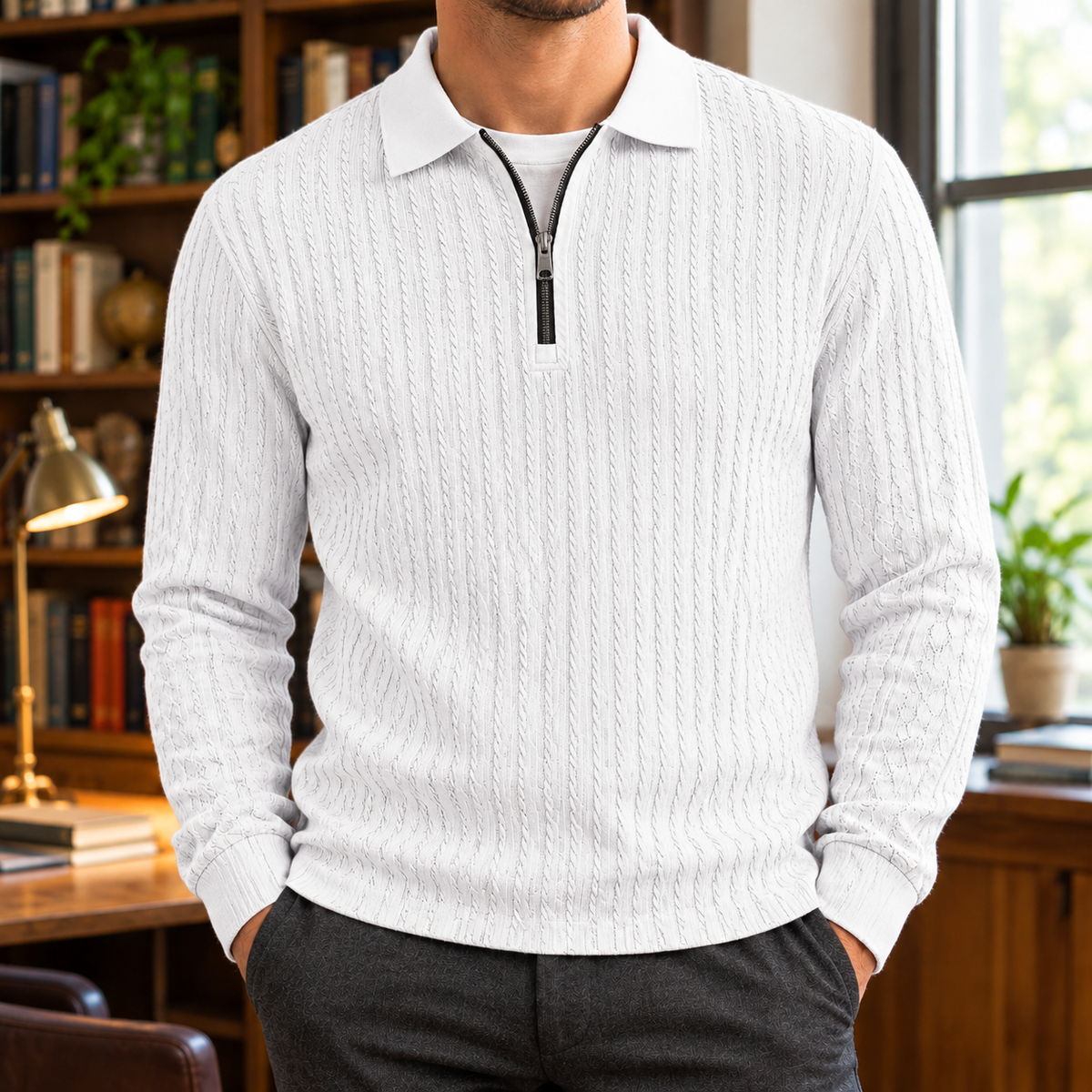 Peter Textured Quarter-Zip Polo - White, worn, full polo