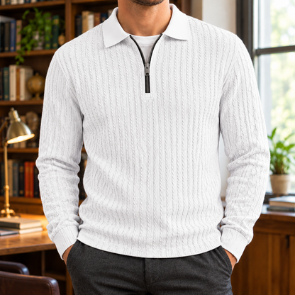 Peter Textured Quarter-Zip Polo - White, worn, full polo