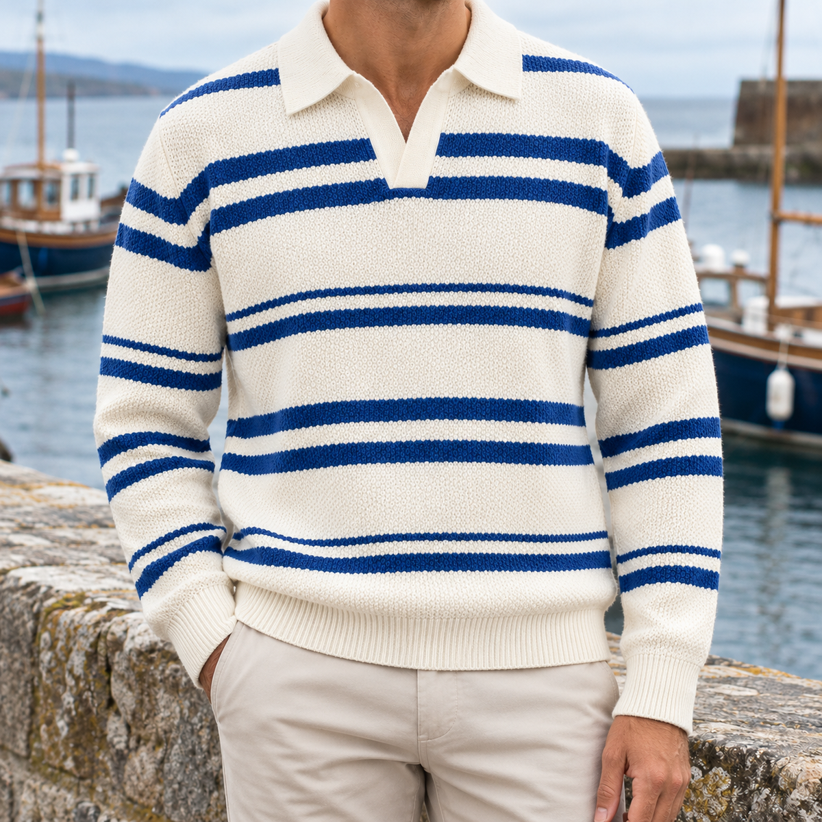 George Striped Knit Polo Sweater - White & Blue, worn, full polo
