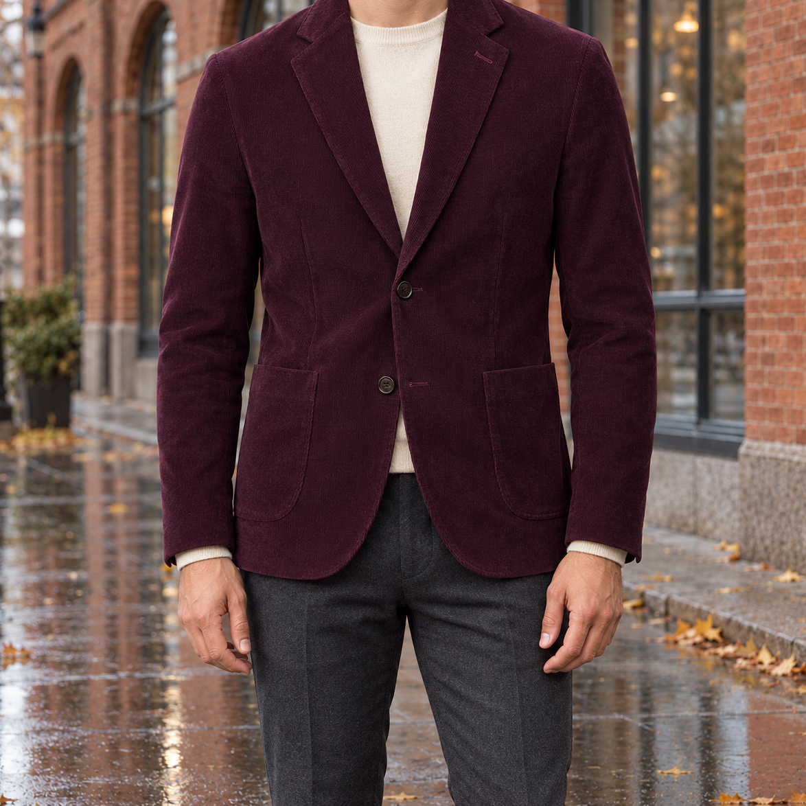 Jameson Corduroy Two-Button Blazer - Wine Red, worn