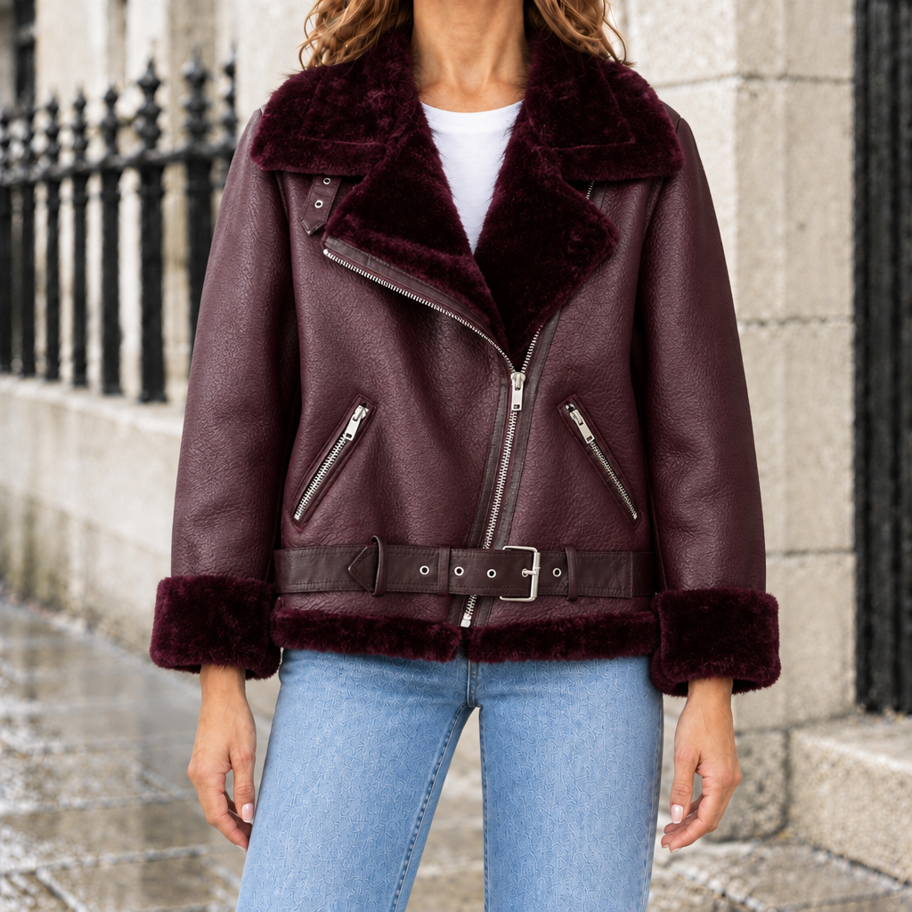 Nicole Belted Faux-Shearling Aviator Jacket - Wine Red, worn